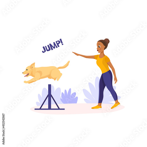 Flat vector illustration in cartoon style isolated on white background. Dark skinned african-american girl training her pet in the park. Labrador retriever having agility lesson. Jump command