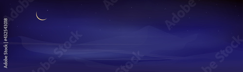 Ramadan Kareem greeting card design background with Crescent Moon and Star with Dark Blue Sky Background, Vector Islamic religions symbolic of Islam or Muslim for Eid Mubarak,Eid al fitr