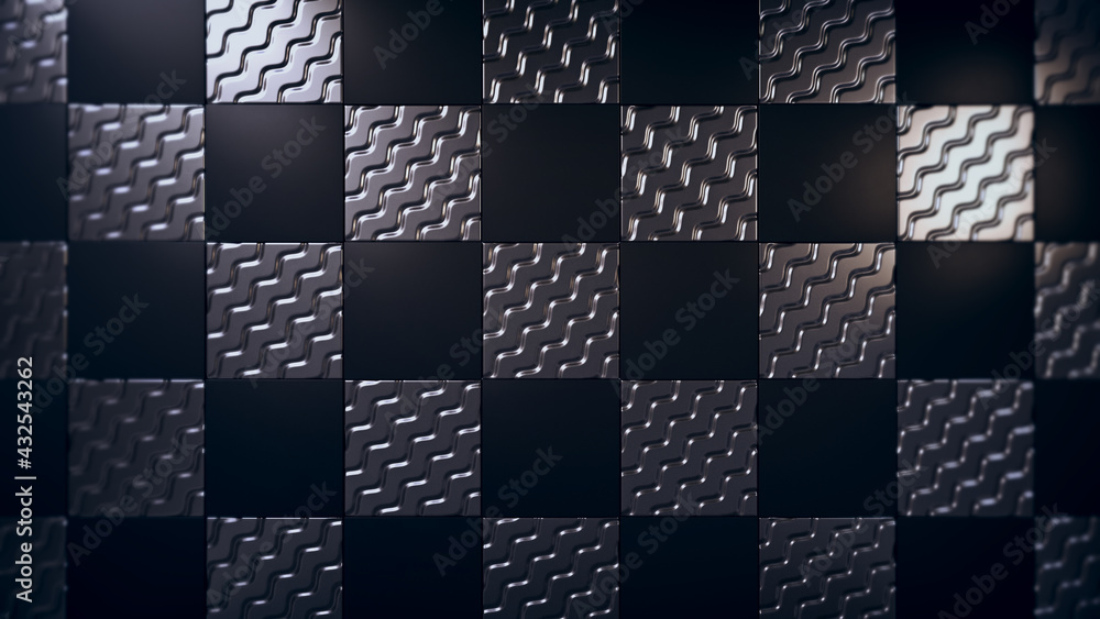 Metal and plastic cubes checkered  background, 3d render illustration