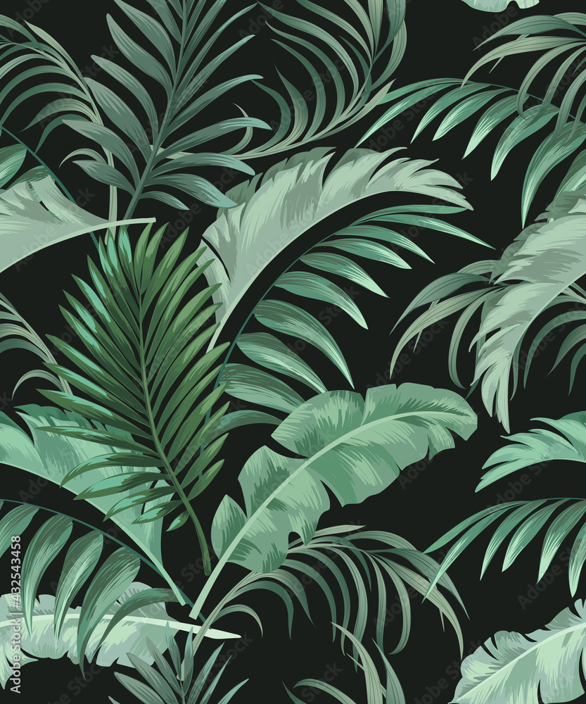 Green tropical palm leaves seamless vector pattern on the black background.Trendy summer print. Green tropical palm leaves seamless vector pattern on the black background.Trendy summer print.