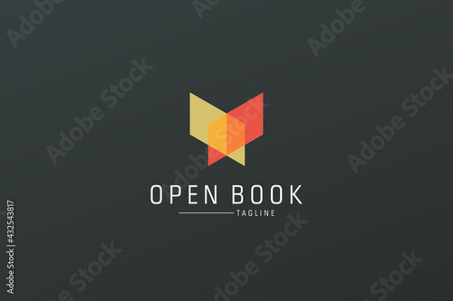 Modern Open Book Logo. Yellow and Red Geometric Shape Overlay Style Book Icon isolated on Dark Background. Usable for Business and Education Logos. Flat Vector Logo Design Template Element.