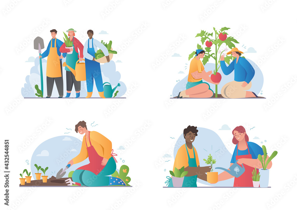 Set of different people enjoy gardening and planting Set of different people enjoy gardening and planting