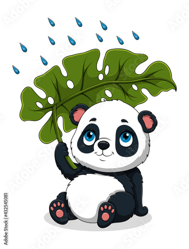 Panda sitting under palm leaf