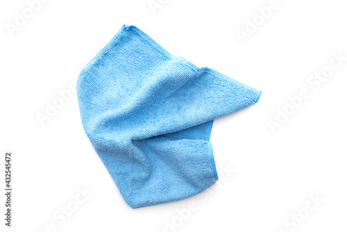Blue kitchen rug isolated on white. Crumpled used micrifibre cloth clean, top view.