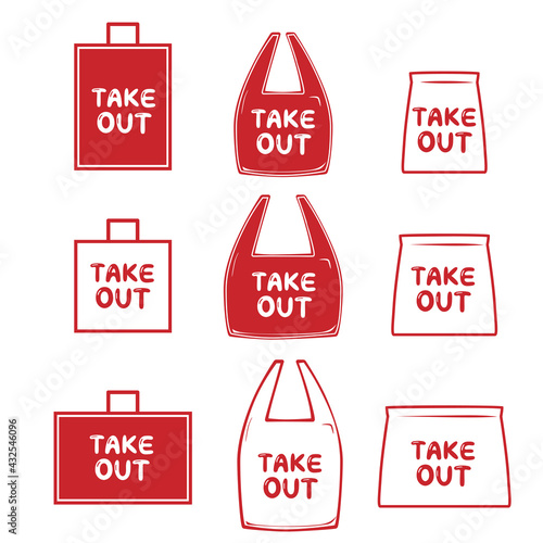 Set of hand carrying paper bag and plastic bag for take out, take away. Vector of food delivery service