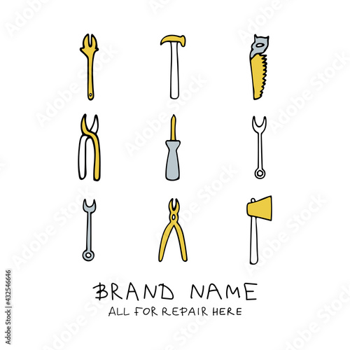 Vector illustration of tools for repairing in doodle style. The illustration can be used to advertise a store of tools for repair  construction. Lettering Everything for renovation is here.