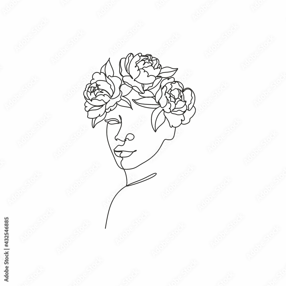 Line Art Woman With Flowers. Head Of Flowers Line drawing. Flower Woman Vector. Minimal Abstract portrait female Line Art Woman With Flowers. Head Of Flowers Line drawing. Flower Woman Vector. Minimal Abstract portrait female
