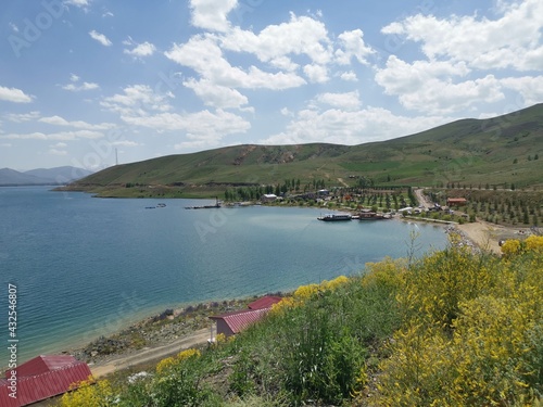 Very beautiful landscape at the lake with a calming view to relax with summery green botany