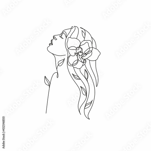 Line Art Woman With Flowers. Head Of Flowers Line drawing. Flower Woman Vector.   Minimal Abstract portrait female