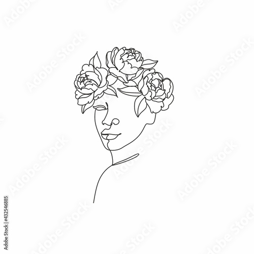 Line Art Woman With Flowers. Head Of Flowers Line drawing. Flower Woman Vector.   Minimal Abstract portrait female