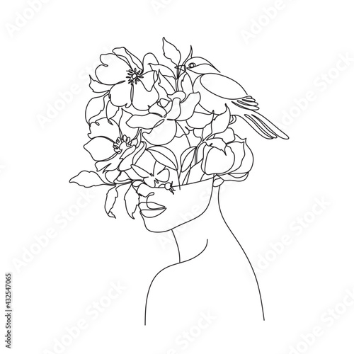 Abstract woman  face with bird and flowers by one line drawing. Portrait minimalistic style.  Botanical print. Nature symbol of cosmetics. Modern continuous line art.  Fashion print. Beaty salon art