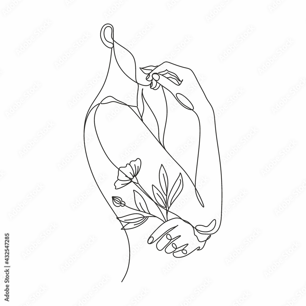 Face with flowers Line drawing art. Woman face Vector. Minimalist female Portrait. Beauty salon Logo. Modern Artwork. Fashion Print