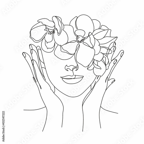 Peony woman line art portrait. Flower Head Woman Line Drawing. Surreal Minimalist Art. Beauty Salon logotype.