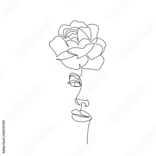 Peony woman line art portrait. Flower Head Woman Line Drawing. Surreal Minimalist Art. Beauty Salon logotype.