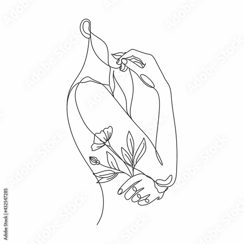 Obraz na płótnie Face with flowers Line drawing art. Woman face Vector. Minimalist female Portrait. Beauty salon Logo. Modern Artwork. Fashion Print w salonie
