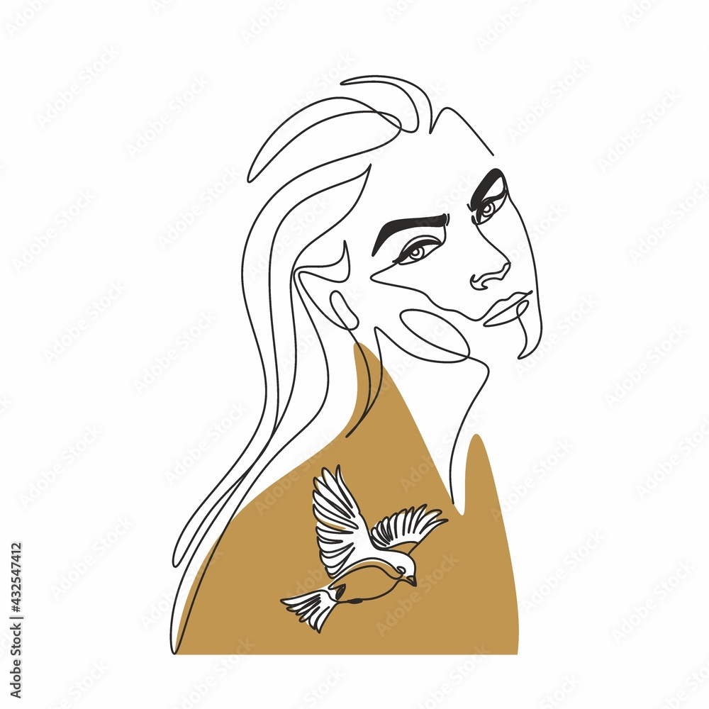 Abstract woman face with bird and flowers by one line drawing. Portrait