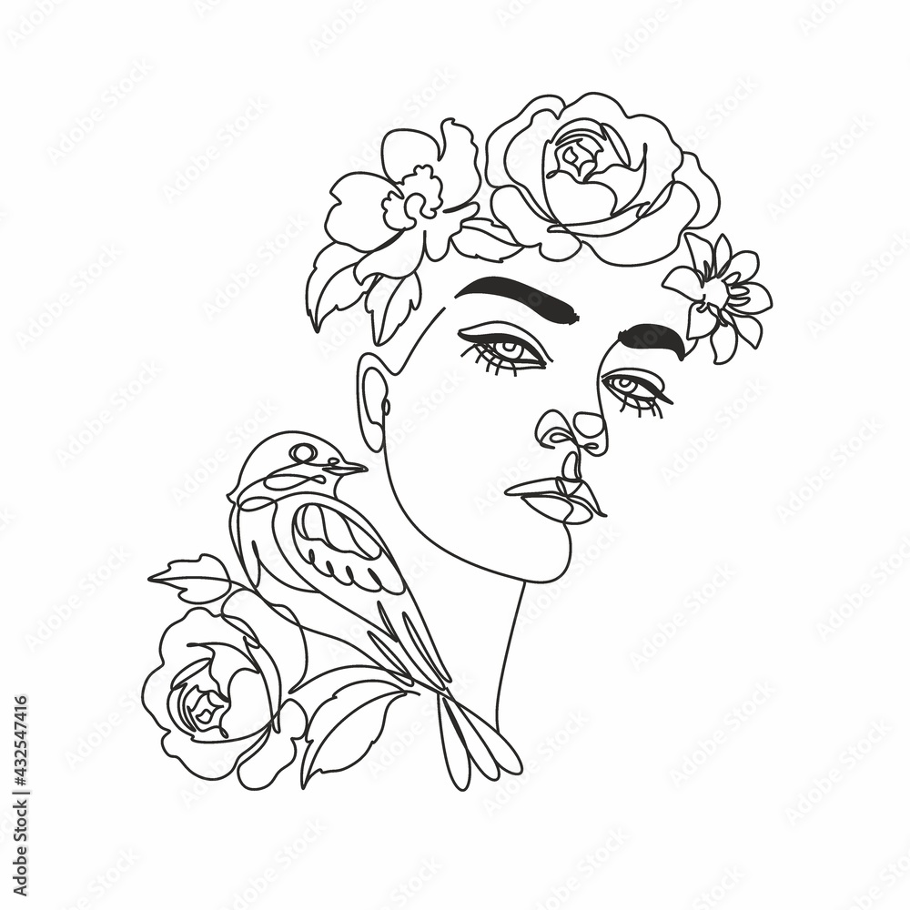 Abstract woman face with bird and flowers by one line drawing. Portrait
