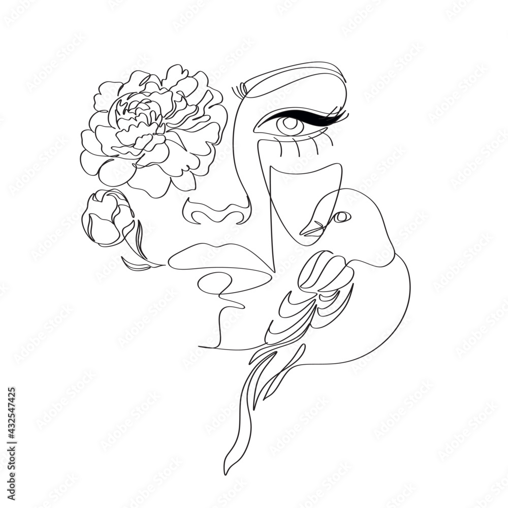 Abstract woman face with bird and flowers by one line drawing. Portrait