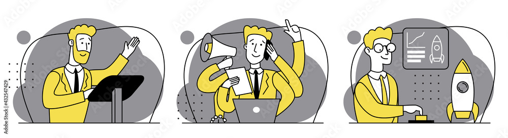 Business concept illustrations. Speaker, motivator, multitasking, new idea, startup. Collection of scenes at office with men taking part in business activity. Outline vector illustration modern set