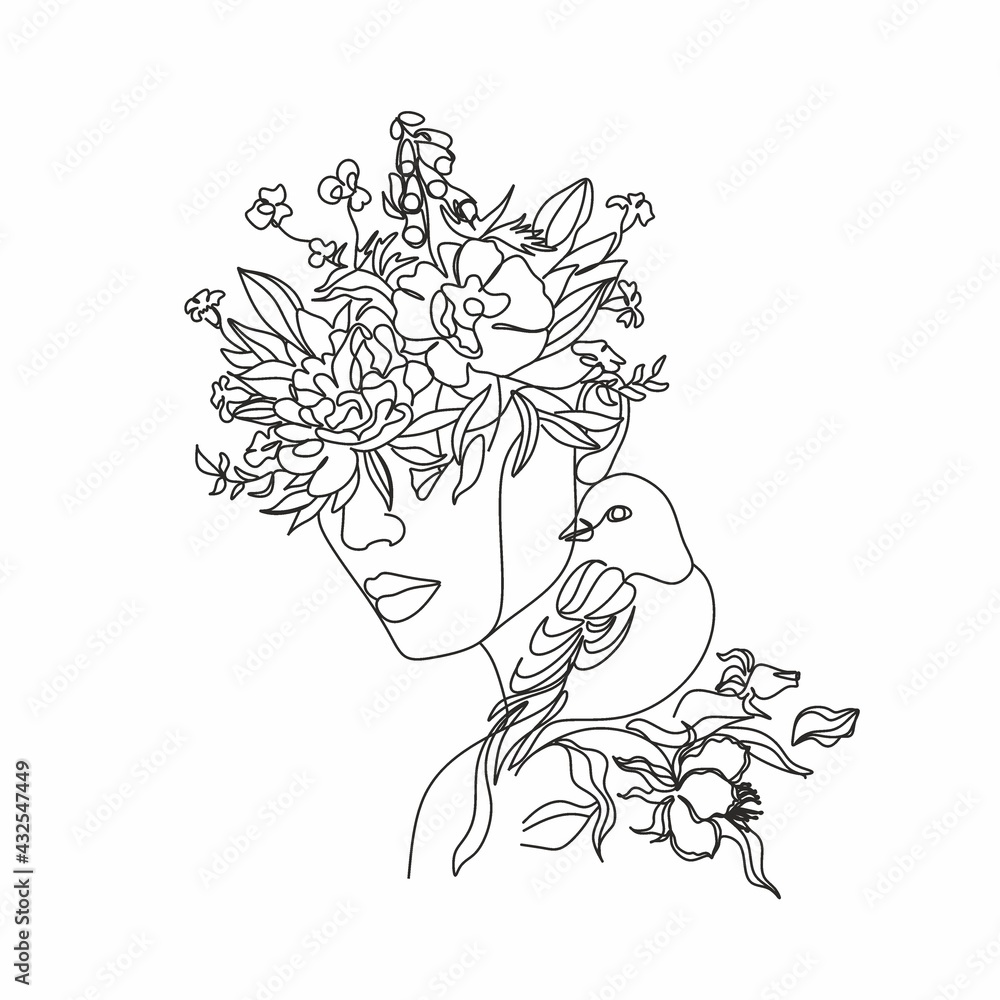 Abstract woman  face with bird and flowers by one line drawing. Portrait minimalistic style.  Botanical print. Nature symbol of cosmetics. Modern continuous line art.  Fashion print. Beaty salon art