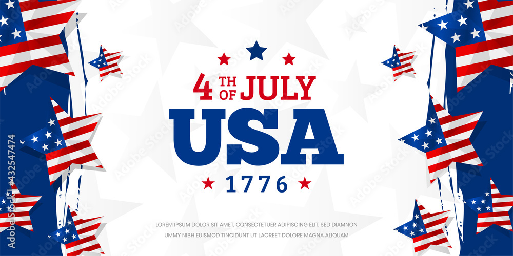 Celebrating USA, Independence day since 1776 on star shape USA flag background template.
