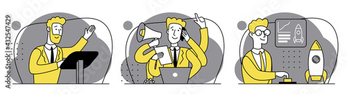 Business concept illustrations. Speaker, motivator, multitasking, new idea, startup. Collection of scenes at office with men taking part in business activity. Outline vector illustration modern set