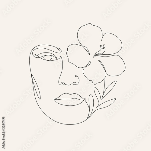 Surreal Face Continuous line, drawing face and hairstyle with flower, fashion concept, woman beauty minimalist, vector illustration pretty sexy. Contemporary portrait