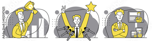 Happy successful man. Winner's press conference. Achievements in business. Advertising face. Collection of scenes at office. Outline vector illustration in cartoon style.