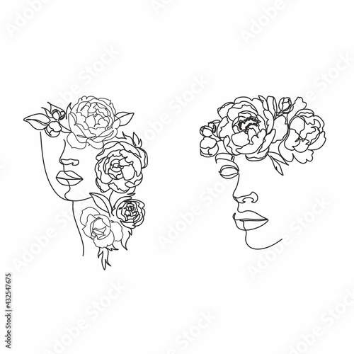 Line Art Woman With Flowers. Head Of Flowers Line drawing. Flower Woman Vector.   Minimal Abstract portrait female