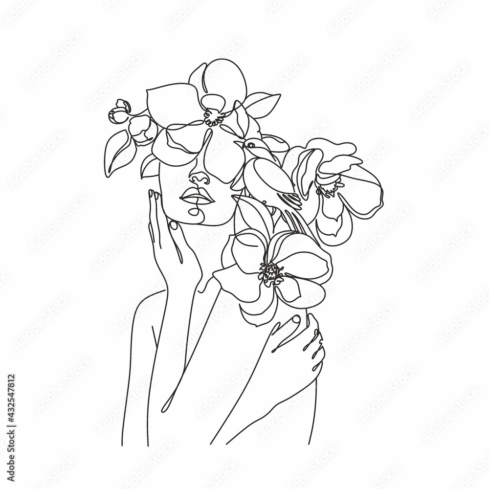 Line Art Woman With Flowers. Head Of Flowers Line drawing. Flower Woman Vector. Minimal Abstract