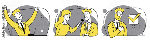 Job interview conversation. Happy man completed task and triumphing with raised hands. Successful well done work. Completed task. Collection of business scenes at office. Outline vector illustration.