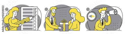 Search for development strategy. Promotion, gift, offer for customers' interest. Personal productivity, efficiency and time management concept. Set of business scenes at office. Outline illustrations