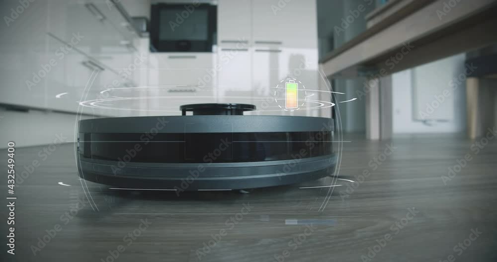 Robotic vacuum cleaner on laminate wood floor. Smart futuristic