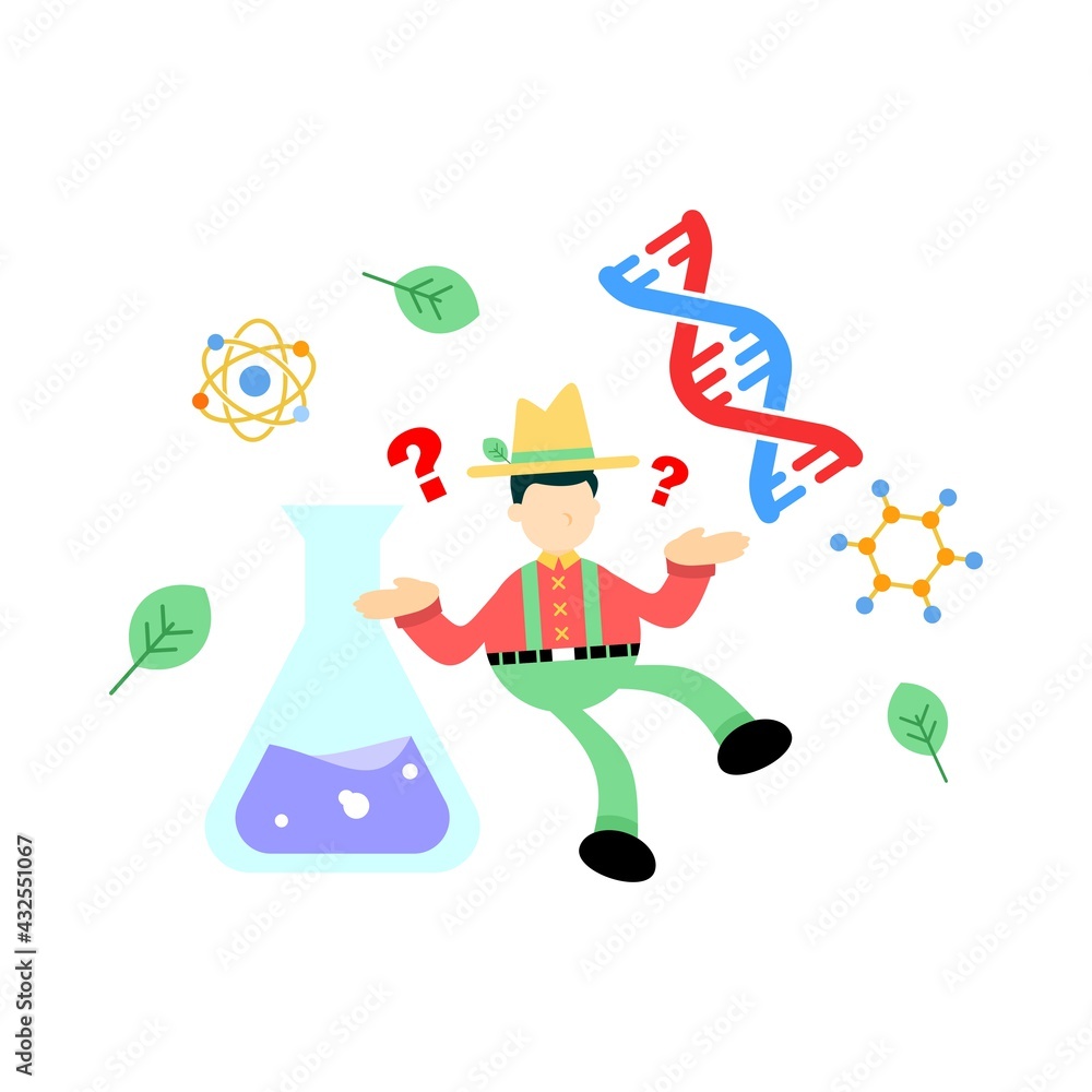 Fototapeta premium farmer man agriculture and experiment genetic laboratory double helix research science cartoon doodle flat design style vector illustration