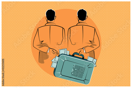 Vector illustration, concept of corruption, two men behind their backs hand over money, bribe in suitcase.