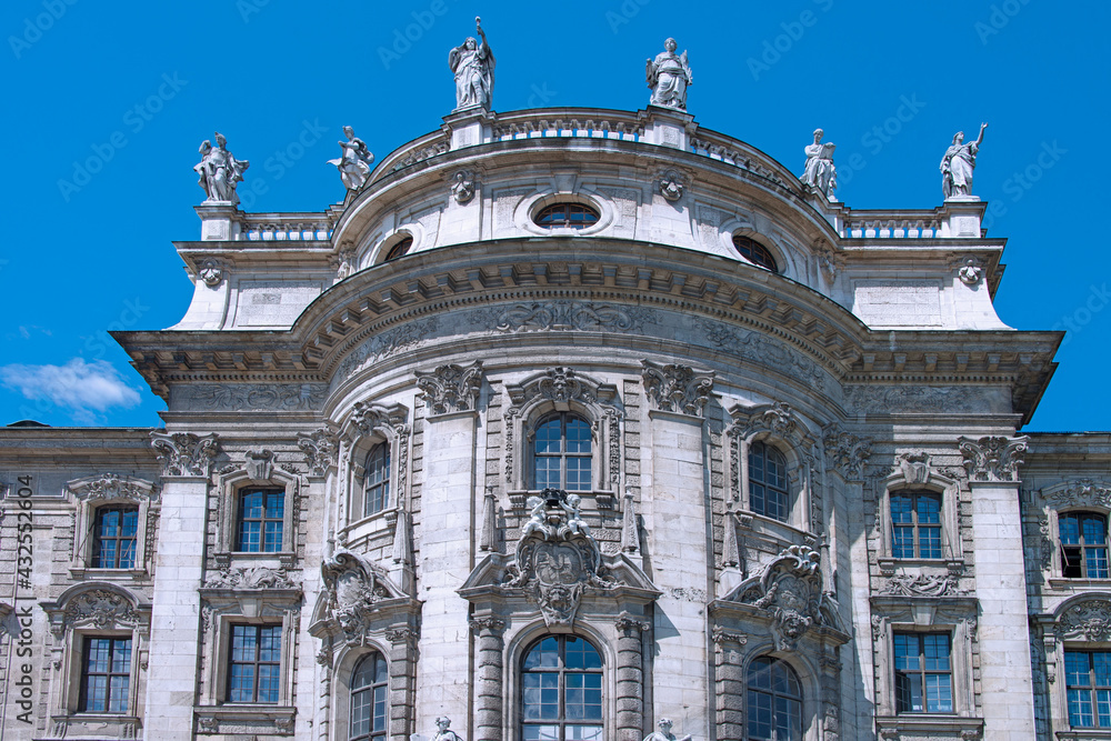 The Palace of Justice was constructed in 1897 by the architect Friedrich von Thiersch in neo-baroque style at Karlsplatz. It houses the Bavarian Department of Justice and the District Court. Munich. 