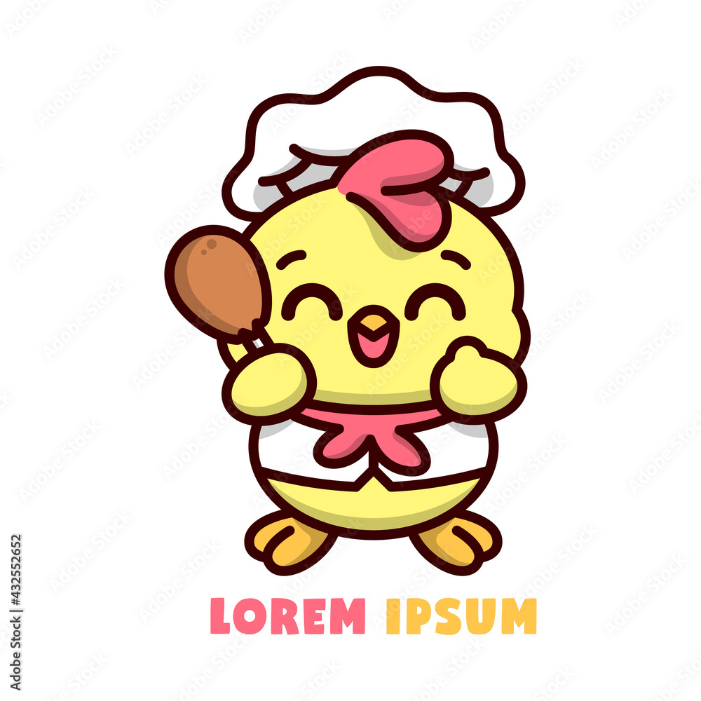 CUTE LITTLE YELLOW CHICKEN IN CHEF UNIFORM AND BRINGING A CHICKEN MEAT. HIGH QUALITY CARTOON MASCOT DESIGN CUTE LITTLE YELLOW CHICKEN IN CHEF UNIFORM AND BRINGING A CHICKEN MEAT. HIGH QUALITY CARTOON MASCOT DESIGN