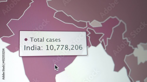 Coronavirus pandemic statistics on screen. Number of Covid 19 cases rising. Map data showing increasing numbers of Corona virus pandemic infected cases. international statistics. Health care concept.  photo