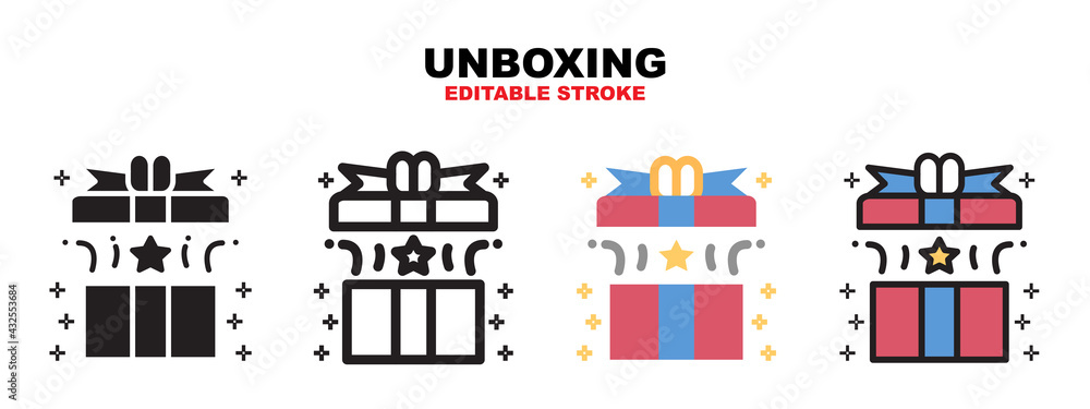 Unboxing icon set with different styles. Icons designed in filled, outline, flat, glyph and line colored. Editable stroke and pixel perfect. Can be used for web, mobile, ui and more.