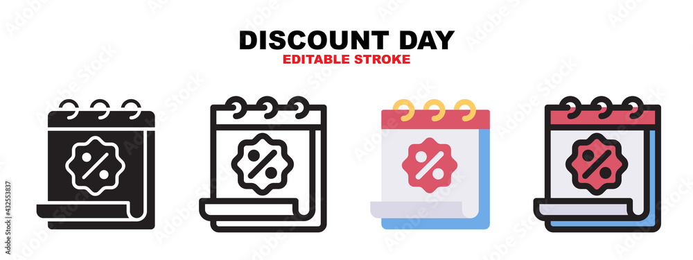 Discount Day icon set with different styles. Icons designed in filled, outline, flat, glyph and line colored. Editable stroke and pixel perfect. Can be used for web, mobile, ui and more.