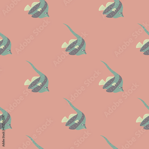 Wildlife seamless pattern with pastel imperial angelfish ornament. Pink background. Aquatic print.