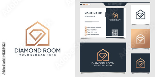 House with diamond logo in line art style and business card design Premium Vector