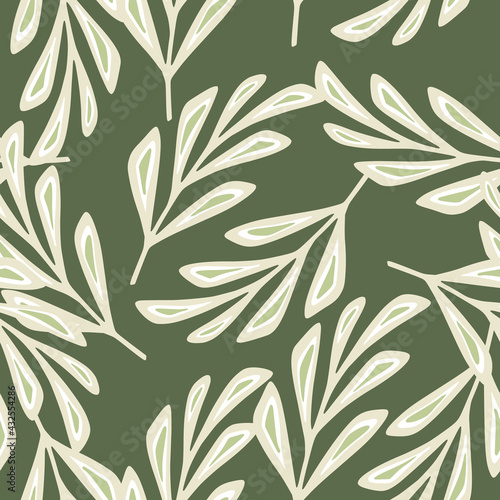 Random white scrapbook geometric leaves branches elements. Green olive background. Simple style. © smth.design