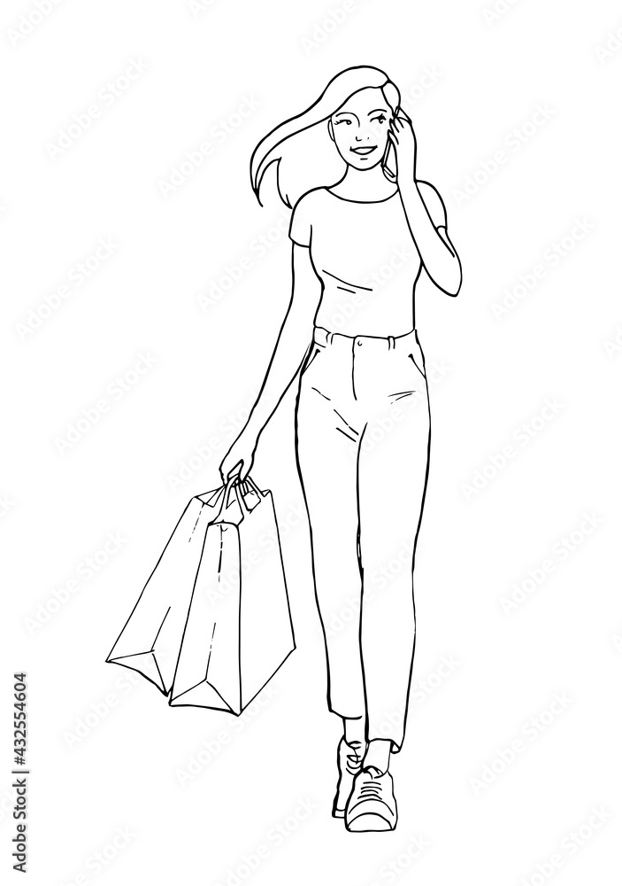 A beautiful girl goes shopping and talks on the phone. In the hands of the packages. Vector isolated outline illustration sketch on a white background A beautiful girl goes shopping and talks on the phone. In the hands of the packages. Vector isolated outline illustration sketch on a white background