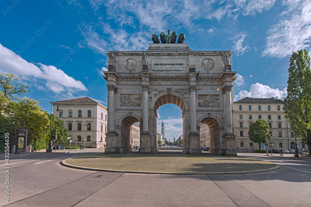 The Siegestor, The Victory Gate, a triumphal arch crowned with a statue of Bavaria with a lion-quadriga. The gate was designed by Friedrich von Gärtner and Eduard Mezger in 1852. Munich, May 2014