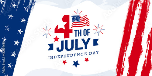 4th of July celebration USA independence day design with star, fireworks and USA national flag on the USA, united states flag grunge brush stripe and stars template. 