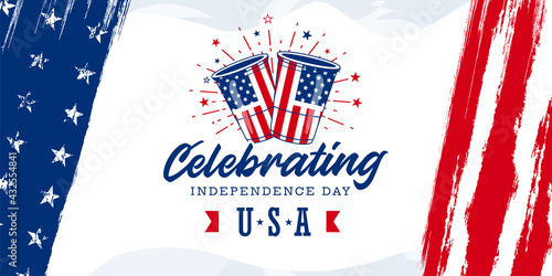 Simple Celebrating USA Independence day design with Beer and fireworks, on the USA, united states flag grunge brush stripe and stars template.
