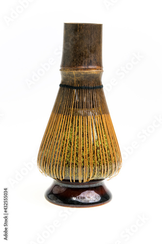 Japanese green tea matcha Chasen bamboo whisk isolated in white background.