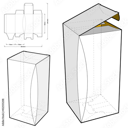 Chamfered Box (Internal measurement 7x7x15 cm) and Die-cut Pattern. EPS file is fully scalable. Prepared for real cardboard production. photo