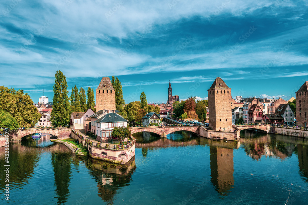 The three bridges of the Ponts Couverts in Strasbourg, France.